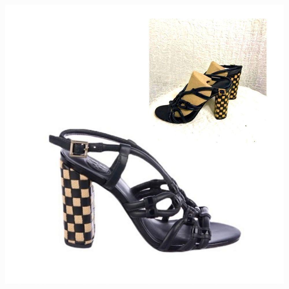 Tory Burch Navy Checkered Heeled Leather Sandals Size 9M